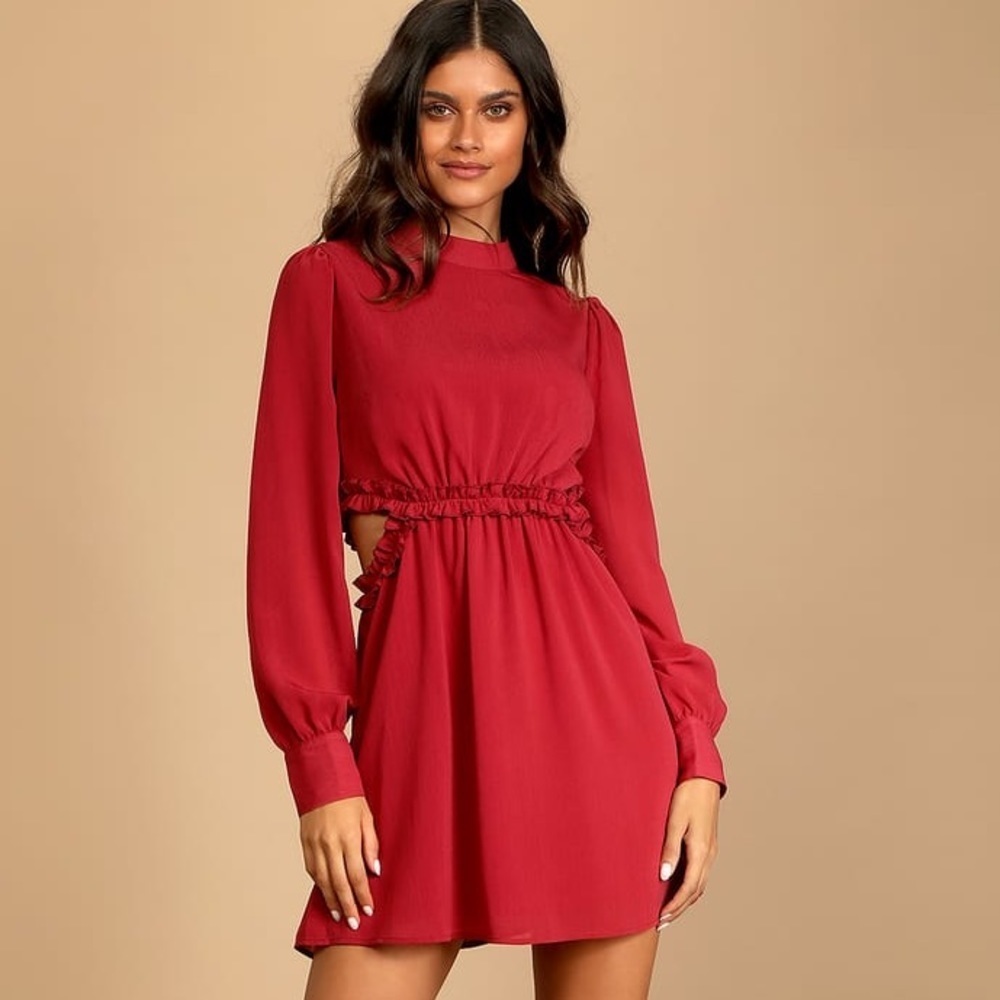 LULU’S Autumn Bliss Rusty Rose Long Sleeve Cutout Mini Dress Woman’s sz S Small